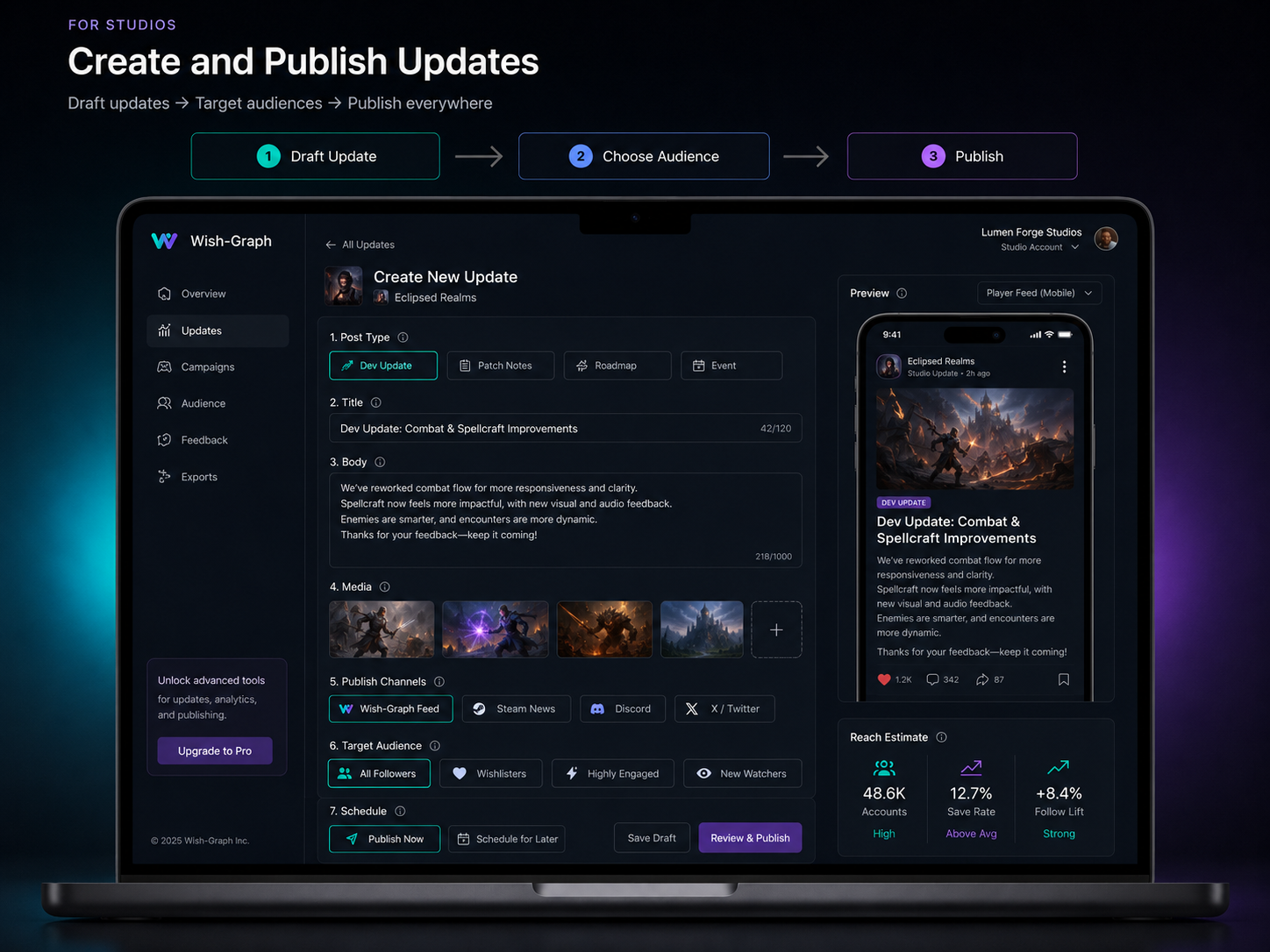 Wish-Graph developer publishing mockup showing update composition and response indicators