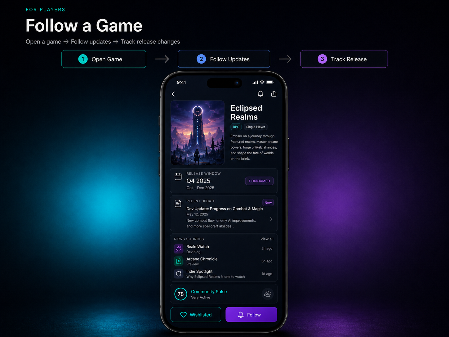 Wish-Graph player experience mockup showing a focused game feed with updates, news, and follow controls
